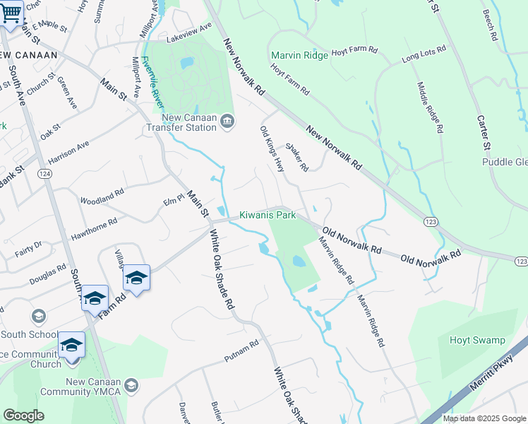 map of restaurants, bars, coffee shops, grocery stores, and more near 77 Old Norwalk Road in New Canaan