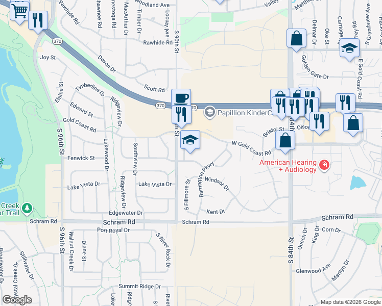 map of restaurants, bars, coffee shops, grocery stores, and more near 720 Fenwick Street in Papillion