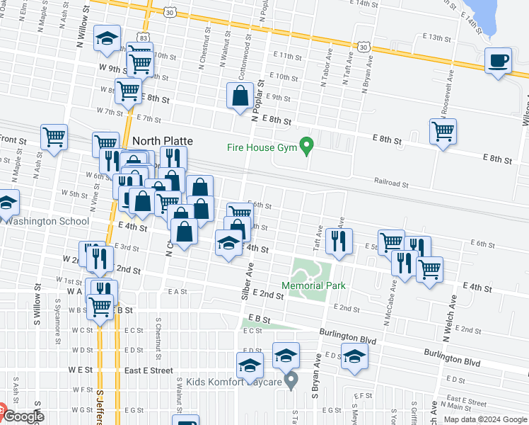 map of restaurants, bars, coffee shops, grocery stores, and more near 801-899 East 6th Street in North Platte