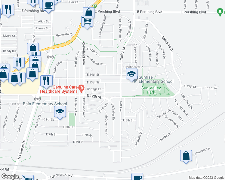 map of restaurants, bars, coffee shops, grocery stores, and more near 4805 East 13th Street in Cheyenne