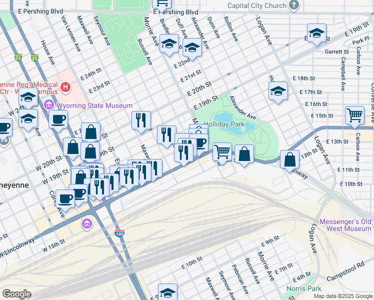 map of restaurants, bars, coffee shops, grocery stores, and more near 820 East 17th Street in Cheyenne