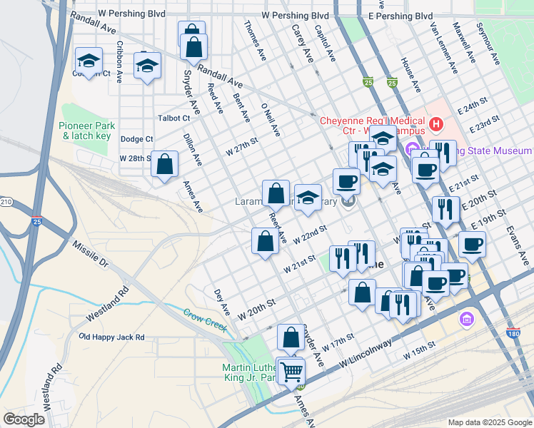 map of restaurants, bars, coffee shops, grocery stores, and more near 713 West 24th Street in Cheyenne