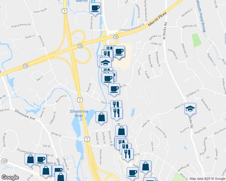 map of restaurants, bars, coffee shops, grocery stores, and more near 340 Main Avenue in Norwalk