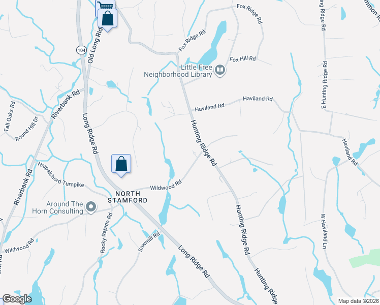 map of restaurants, bars, coffee shops, grocery stores, and more near 57 Wildwood Road in Stamford
