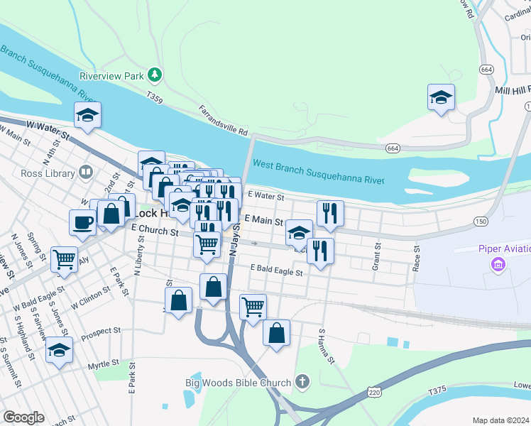 map of restaurants, bars, coffee shops, grocery stores, and more near 344 East Water Street in Lock Haven