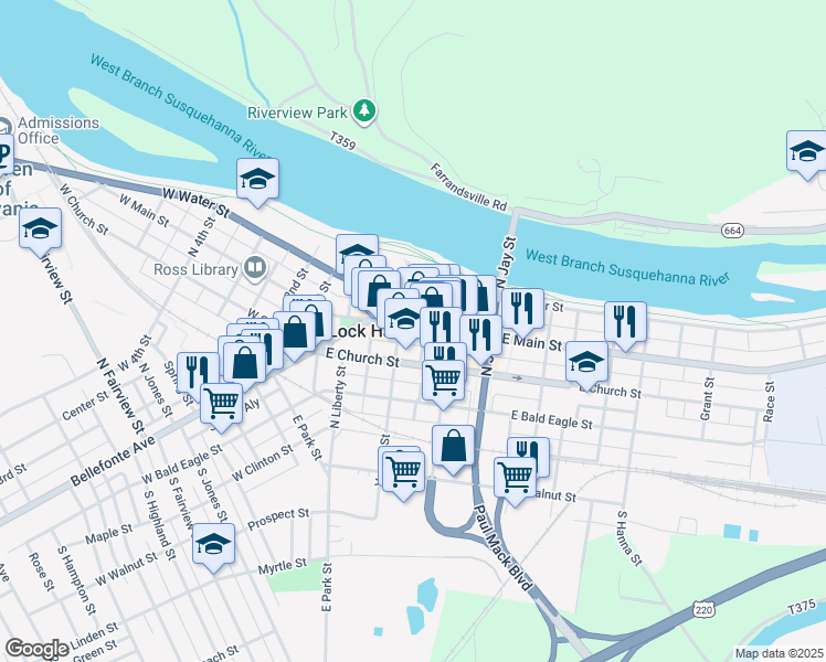 map of restaurants, bars, coffee shops, grocery stores, and more near 121 East Main Street in Lock Haven