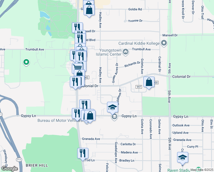 map of restaurants, bars, coffee shops, grocery stores, and more near 214 Colonial Drive in Youngstown