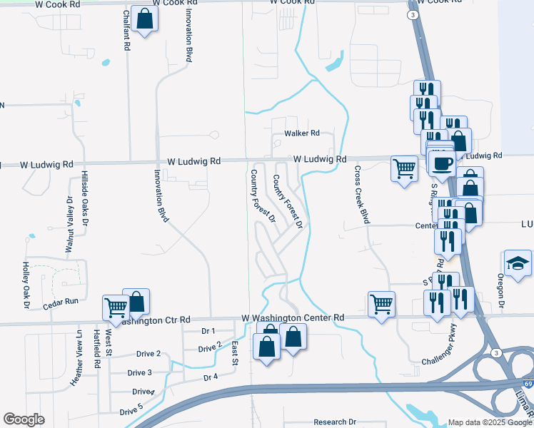 map of restaurants, bars, coffee shops, grocery stores, and more near 175 Country Forest Drive in Fort Wayne