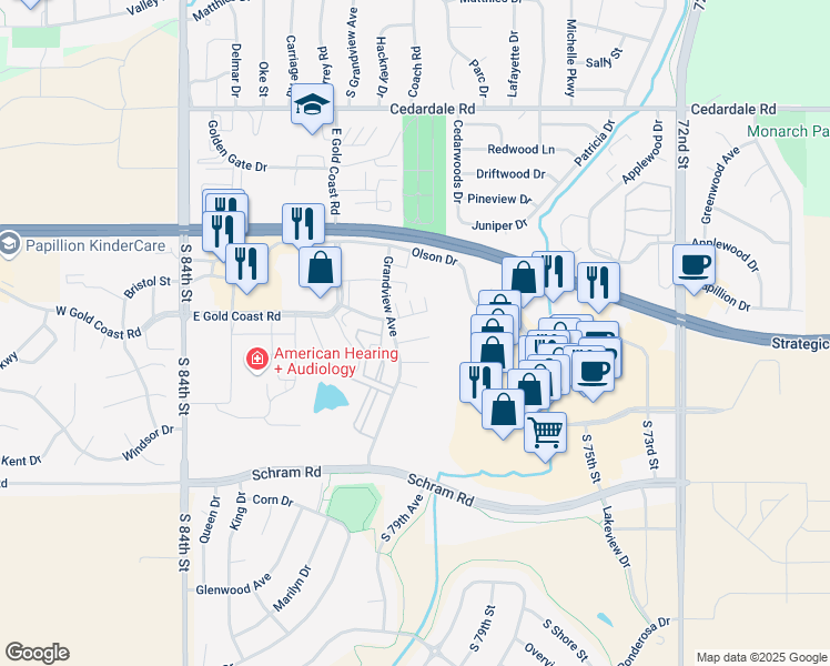 map of restaurants, bars, coffee shops, grocery stores, and more near 1431 Grandview Avenue in Papillion