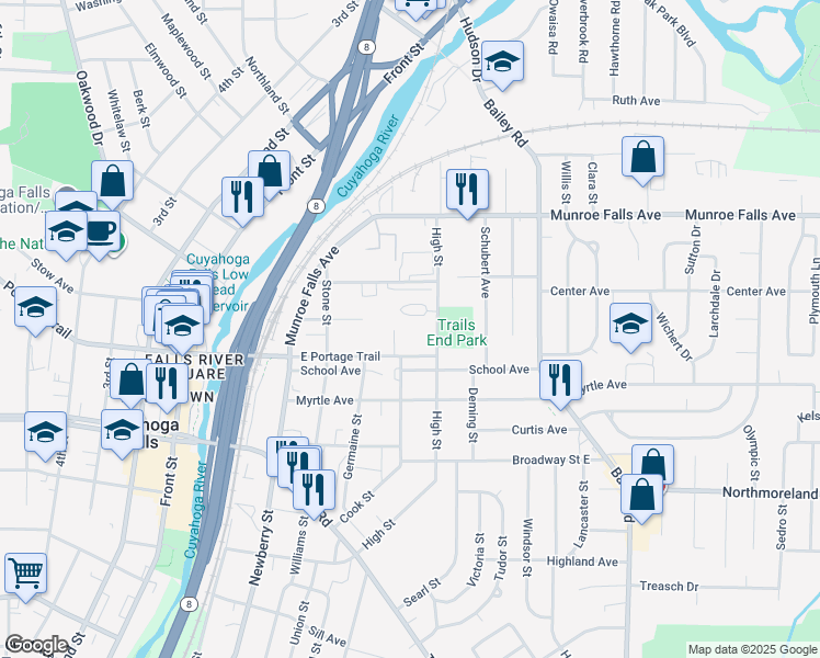 map of restaurants, bars, coffee shops, grocery stores, and more near 2200 High Street in Cuyahoga Falls