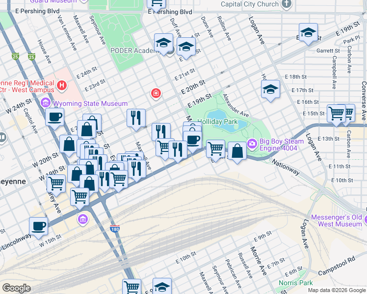 map of restaurants, bars, coffee shops, grocery stores, and more near 821 East 17th Street in Cheyenne