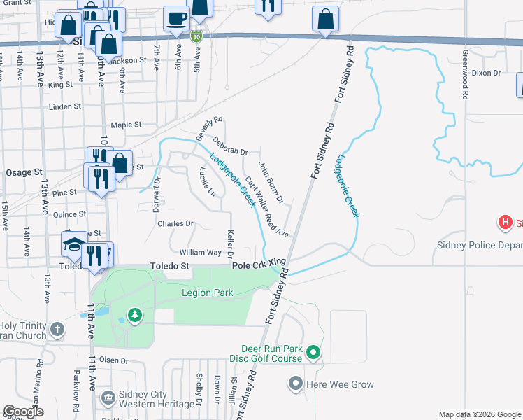 map of restaurants, bars, coffee shops, grocery stores, and more near 1700 Capt Walter Reed Avenue in Sidney