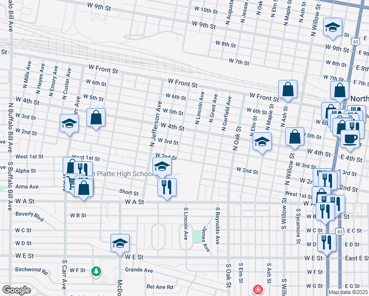 map of restaurants, bars, coffee shops, grocery stores, and more near 1116 West 3rd Street in North Platte