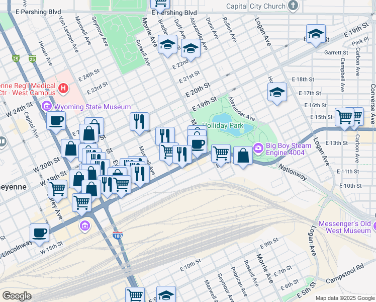 map of restaurants, bars, coffee shops, grocery stores, and more near 821 East 17th Street in Cheyenne