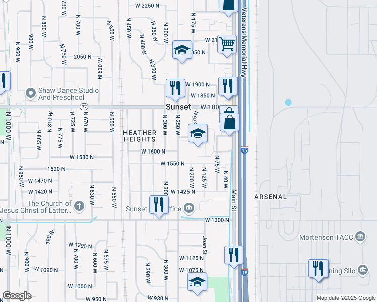 map of restaurants, bars, coffee shops, grocery stores, and more near 1610 North 250 West in Sunset
