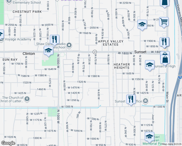 map of restaurants, bars, coffee shops, grocery stores, and more near 1602 North 725 West in Clinton