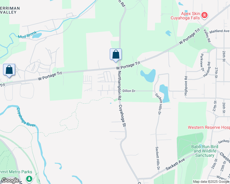 map of restaurants, bars, coffee shops, grocery stores, and more near 1738 Northampton Road in Akron