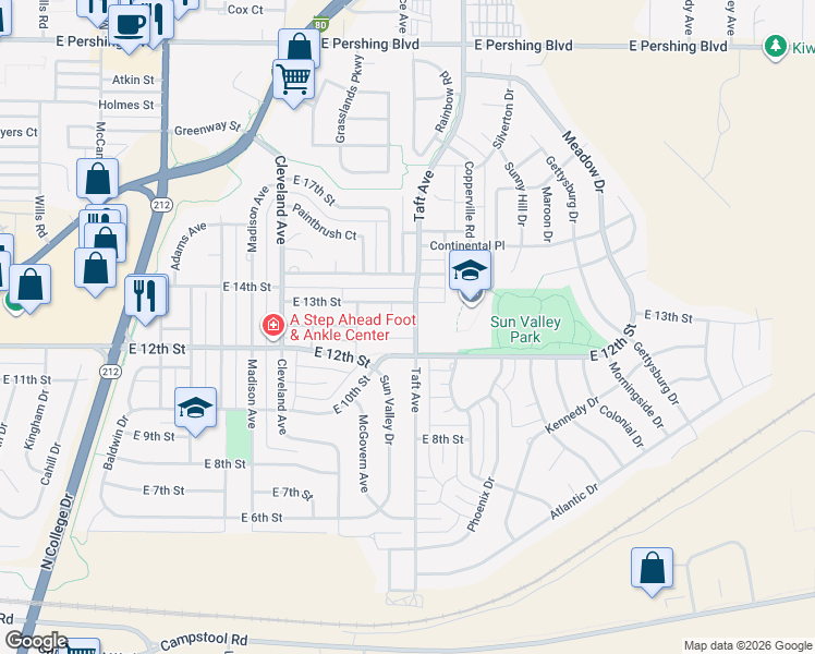 map of restaurants, bars, coffee shops, grocery stores, and more near 1231 Taft Avenue in Cheyenne