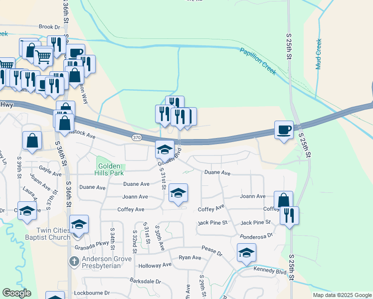 map of restaurants, bars, coffee shops, grocery stores, and more near 2901 Samson Way in Bellevue