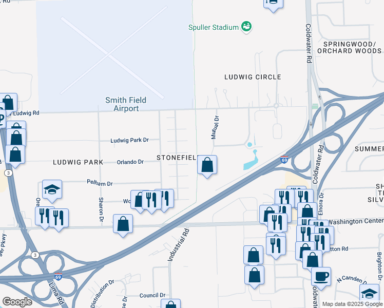 map of restaurants, bars, coffee shops, grocery stores, and more near 505 Bradfield Drive in Fort Wayne