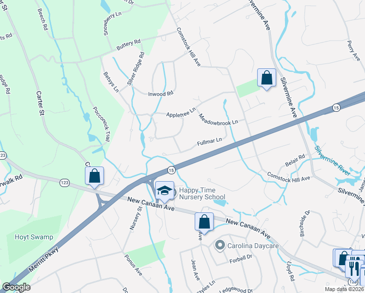 map of restaurants, bars, coffee shops, grocery stores, and more near 12 Fulmar Lane in Norwalk
