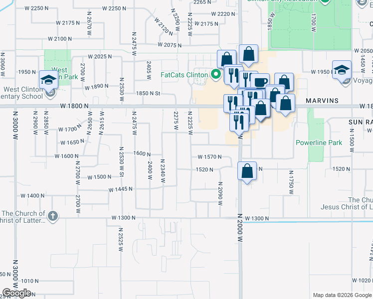 map of restaurants, bars, coffee shops, grocery stores, and more near 1638 North 2275 West in Clinton