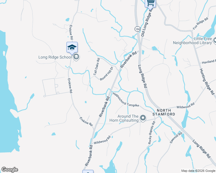 map of restaurants, bars, coffee shops, grocery stores, and more near 52 Round Hill Drive in Stamford