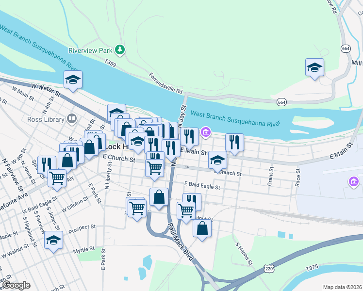 map of restaurants, bars, coffee shops, grocery stores, and more near 300 East Water Street in Lock Haven