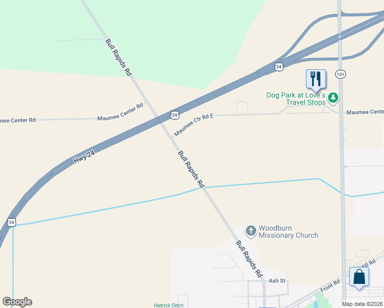 map of restaurants, bars, coffee shops, grocery stores, and more near 5616 Bull Rapids Road in Woodburn