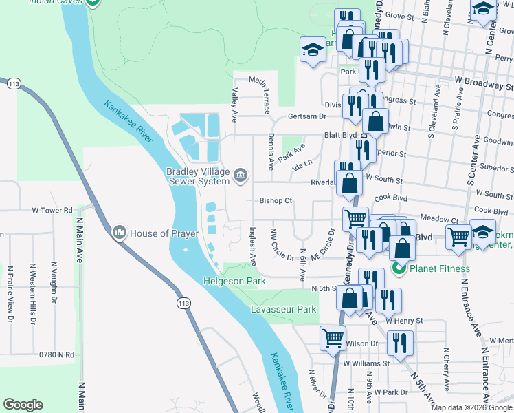 map of restaurants, bars, coffee shops, grocery stores, and more near 612 Hilltop Avenue in Bradley
