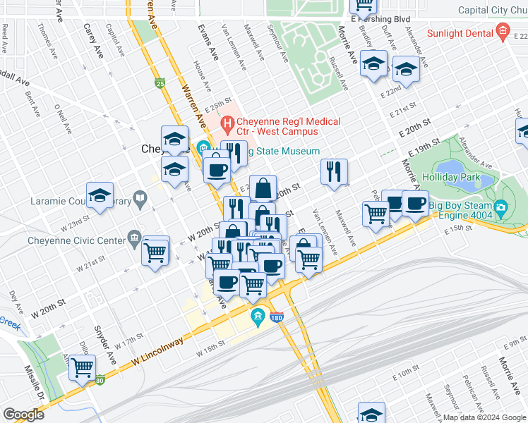 map of restaurants, bars, coffee shops, grocery stores, and more near 1916 House Avenue in Cheyenne