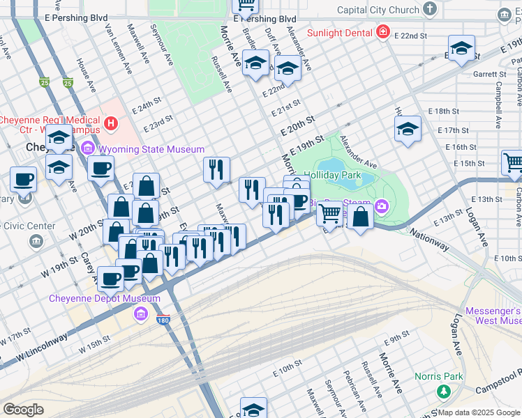 map of restaurants, bars, coffee shops, grocery stores, and more near 711 East 18th Street in Cheyenne