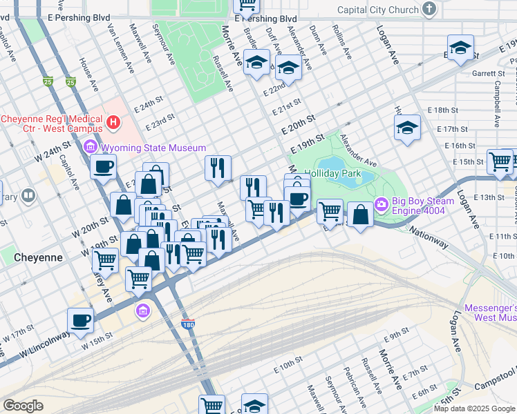 map of restaurants, bars, coffee shops, grocery stores, and more near 711 East 18th Street in Cheyenne