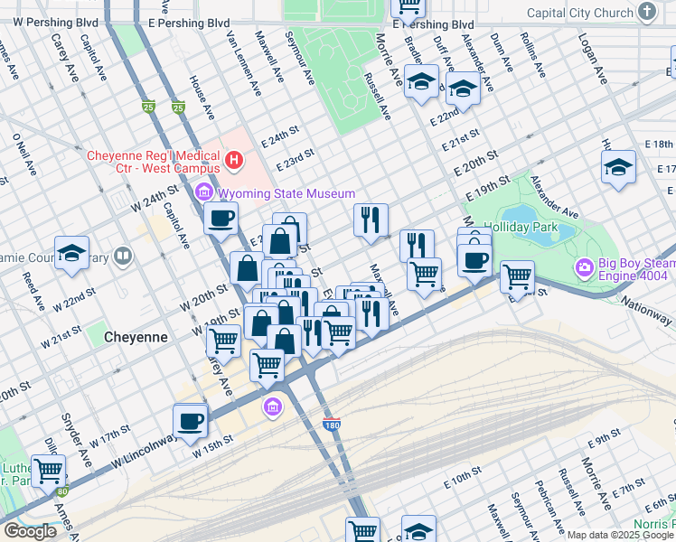 map of restaurants, bars, coffee shops, grocery stores, and more near 507 East 19th Street in Cheyenne