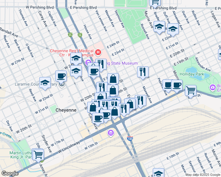 map of restaurants, bars, coffee shops, grocery stores, and more near in Cheyenne