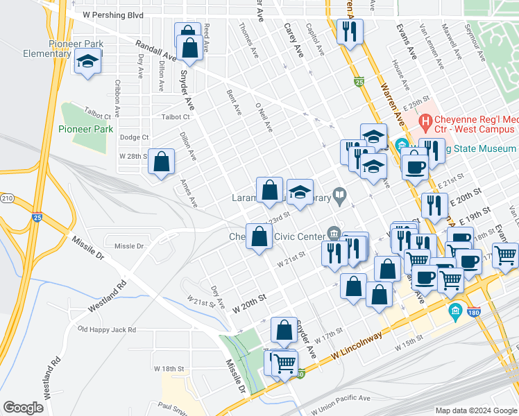 map of restaurants, bars, coffee shops, grocery stores, and more near 2403 Snyder Avenue in Cheyenne