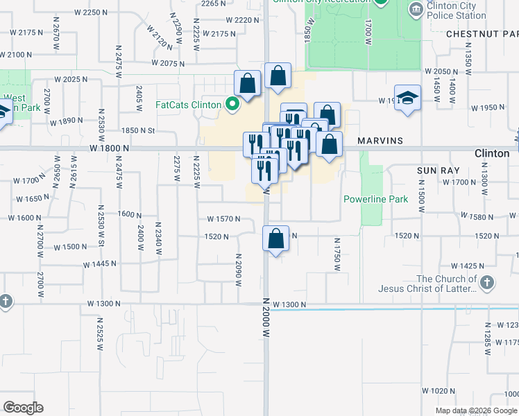 map of restaurants, bars, coffee shops, grocery stores, and more near 1649 North 2000 West in Clinton