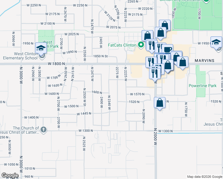 map of restaurants, bars, coffee shops, grocery stores, and more near 1638 North 2340 West in Clinton