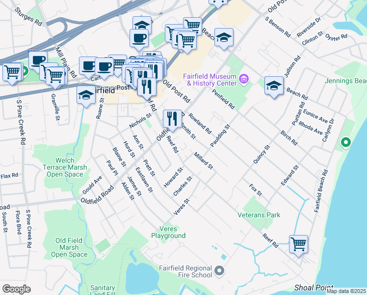 map of restaurants, bars, coffee shops, grocery stores, and more near 293 Reef Road in Fairfield