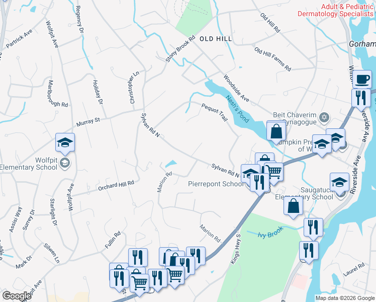 map of restaurants, bars, coffee shops, grocery stores, and more near 50 Sylvan Road North in Westport