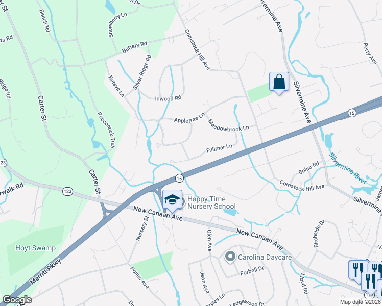 map of restaurants, bars, coffee shops, grocery stores, and more near 12 Fulmar Lane in Norwalk