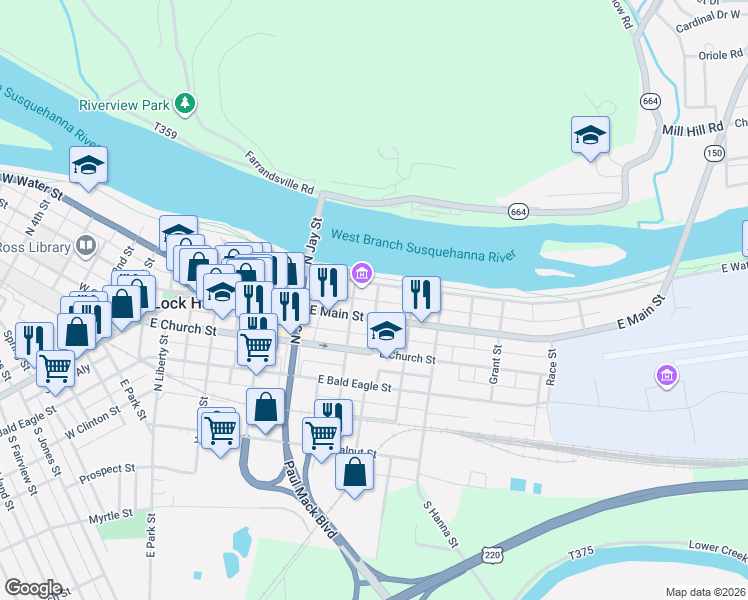 map of restaurants, bars, coffee shops, grocery stores, and more near 402 East Water Street in Lock Haven