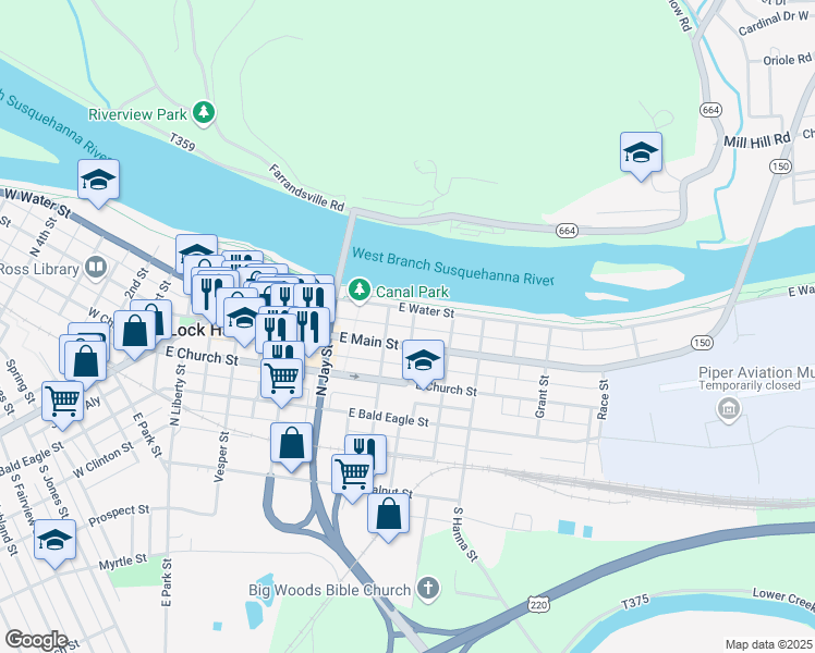 map of restaurants, bars, coffee shops, grocery stores, and more near 402 East Water Street in Lock Haven