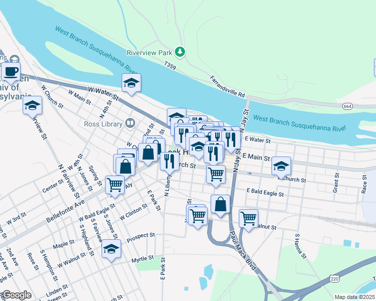 map of restaurants, bars, coffee shops, grocery stores, and more near in Lock Haven