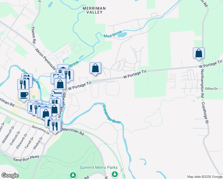 map of restaurants, bars, coffee shops, grocery stores, and more near 1793 East Waterford Court in Akron