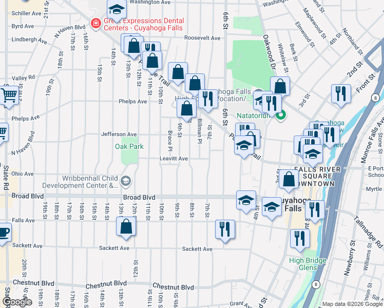 map of restaurants, bars, coffee shops, grocery stores, and more near 2217 8th Street in Cuyahoga Falls