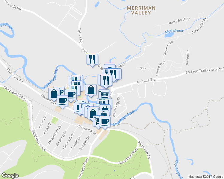 map of restaurants, bars, coffee shops, grocery stores, and more near 1090 Akron Peninsula Road in Akron
