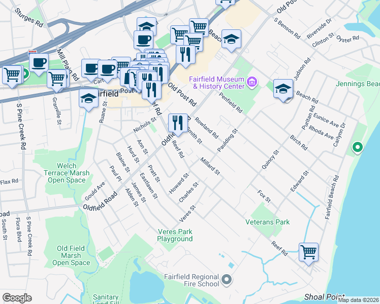 map of restaurants, bars, coffee shops, grocery stores, and more near 293 Reef Road in Fairfield