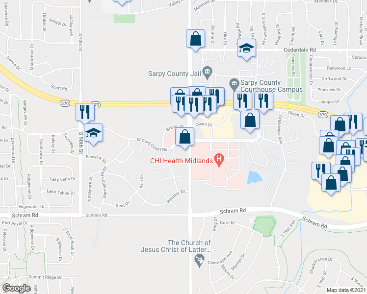 map of restaurants, bars, coffee shops, grocery stores, and more near 1502 South Washington Street in Papillion