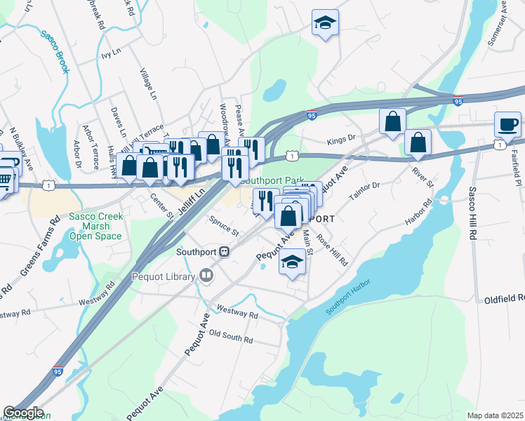 map of restaurants, bars, coffee shops, grocery stores, and more near 61 John Street in Fairfield